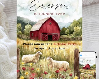 Farm Birthday Invitation, Ranch Barn Theme, Sheep (Digital Template)