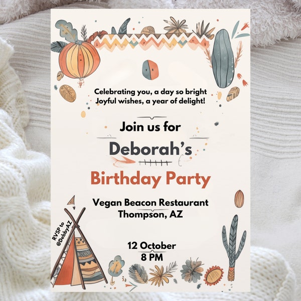 Editable Native American Birthday Invitation, Neutral Colours Printable Invite, Fun Girls Birthday Invitation Template, Canva Template,