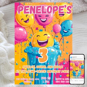 Convite para festa de Slime, comemoração de aniversário infantil, tema divertido e pegajoso, modelo digital editável, convite para download instantâneo