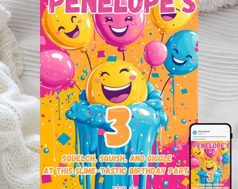 Uitnodiging voor verjaardagsfeestje slijm: leuk kleverig thema (digitale sjabloon)