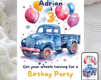 Truck Birthday Party Invitation: Colorful Toy Truck, Balloons (Editable Template, Digital Download)