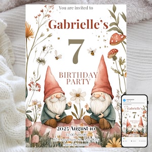 Convite de aniversário com tema de gnomo de jardim, tema de piquenique, design de gnomos e flores em aquarela, modelo editável para festa de verão