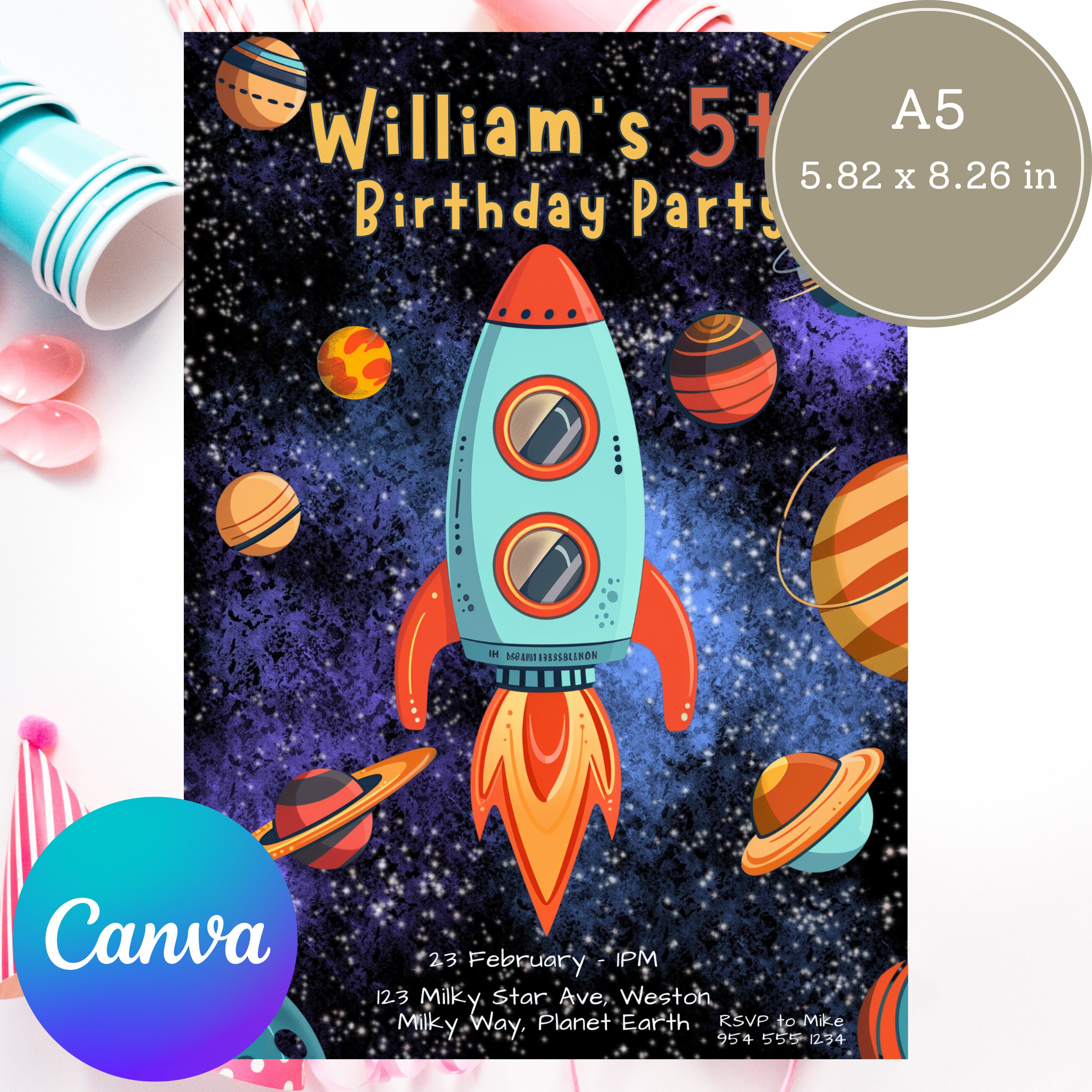 Rocket Inviation Space Rocket Birthday Invitation Bundle: Canva Template (digital ...