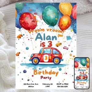 Convite de aniversário editável de carro e balões, tema divertido para festa infantil, festa de balões, modelo digital personalizável, download instantâneo