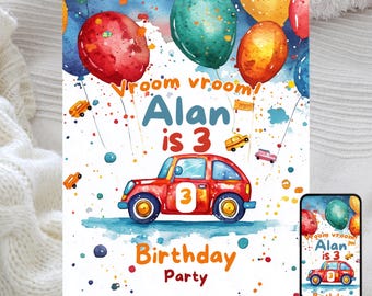 Car and Balloons Birthday Invitation: Fun Kids Party (Digital Template)