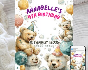 May include: A birthday invitation featuring watercolor illustrations of teddy bears, balloons, and bubbles. The invitation reads "Annabelle's 4th Birthday" with the date, time, and RSVP information. The color palette includes soft pastels and gold.