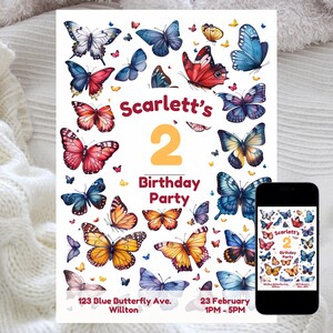Faire-part d'anniversaire papillon lunatique, invitation de fête d'enfants modifiable, thème papillon flottant, garden-party, téléchargement numérique personnalisable