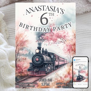 Invitación de cumpleaños para todos a bordo del tren, fiesta de niñas, plantilla digital editable, diversión de Chugga Chugga, linda celebración del tren rosa