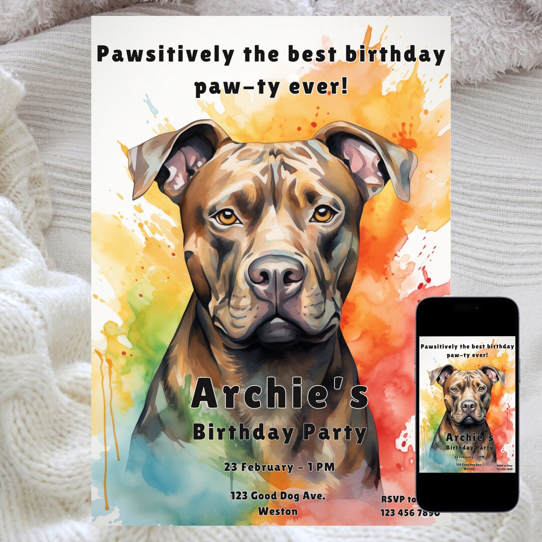 Pit Bull Birthday Invitation Card, Cute Dog Birthday Card, Dog Birthday ...