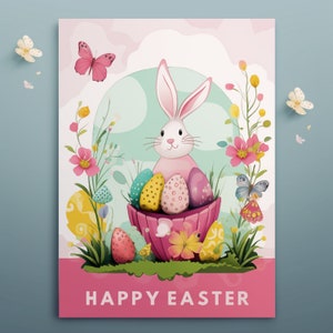 Carta coniglietto carino, carta Png di buona Pasqua, cartolina di Pasqua digitale, cartolina d'auguri di Pasqua illustrata, carta stampabile, digitale, download istantaneo