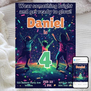 Convite de aniversário Glow Party, comemoração infantil, modelo digital editável, cores neon e luz negra, design divertido, brilhante e emocionante
