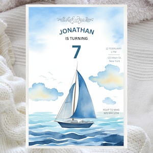 SAILBOAT Kids&#39; BIRTHDAY INVITATION Template - Editable Nautical Blue Canva Template for Birthday Party Invitation Digital Download