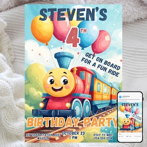 Convite de aniversário Chugga Chugga, festa de trem fofa, comemoração infantil, modelo digital editável, balões e aventura ferroviária divertida
