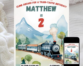 Watercolor Train Birthday Invitation, Editable Locomotive Party Invite, Whimsical Railroad Birthday, Digital Download Template