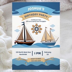Editable Sailboat Invitation, Nautical Birthday Invitation, Boat Birthday Invite, Blue Editable Instant Download, Kids Birthday Party