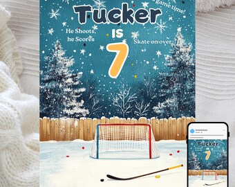 May include: A blue and white hockey-themed birthday invitation for a 7-year-old boy named Tucker. The invitation features a hockey net, a hockey stick, and a winter scene with snow-covered trees. The text on the invitation reads "It's game time! Tucker is 7. He shoots, he scores. Skate on over. 123 Kite Party Ave, Willton, FEB 23, 1 PM. RSVP to Mike 954 555 1234."