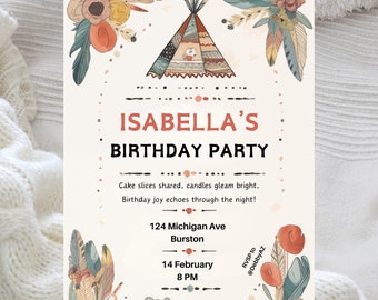 Editable Feathers Boho Birthday Invitation: Neutral Colors (Canva Digital Template)