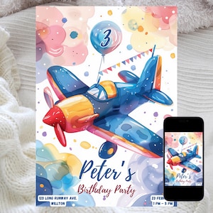 Faire-part d'anniversaire avion modifiable, petite invitation de fête de pilote, anniversaire sur le thème de l'avion, célébration de la jet set, téléchargement numérique