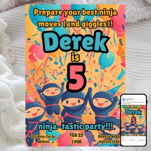Convite de aniversário ninja, festa infantil, modelo digital editável, tema ninja furtivo e divertido, celebração de artes marciais