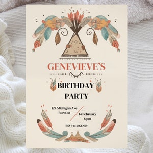 Invitación boho editable de carpa y plumas, invitación imprimible en colores neutros, plantilla de invitación de cumpleaños para niñas divertidas, plantilla Canva