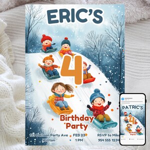 Faire-part d'anniversaire en traîneau, enfants dévalant une colline enneigée, fête hivernale en plein air, modèle numérique modifiable, téléchargement immédiat, invitation