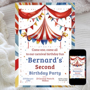 Modèle modifiable d'invitation d'anniversaire de cirque, carte d'invitation d'anniversaire de cirque, fête d'anniversaire de carnaval, carte imprimable, faire-part numérique