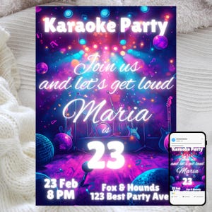 Uitnodiging karaoke-feestje, verjaardagsfeest, bewerkbare digitale sjabloon, zang- en dansthema, leuke muziekavond, neonverlichting ontwerp