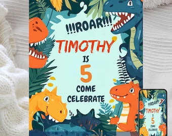 Bewerkbare verjaardagsuitnodiging dinosaurus: brullende T-Rex-feestje (digitale sjabloon)