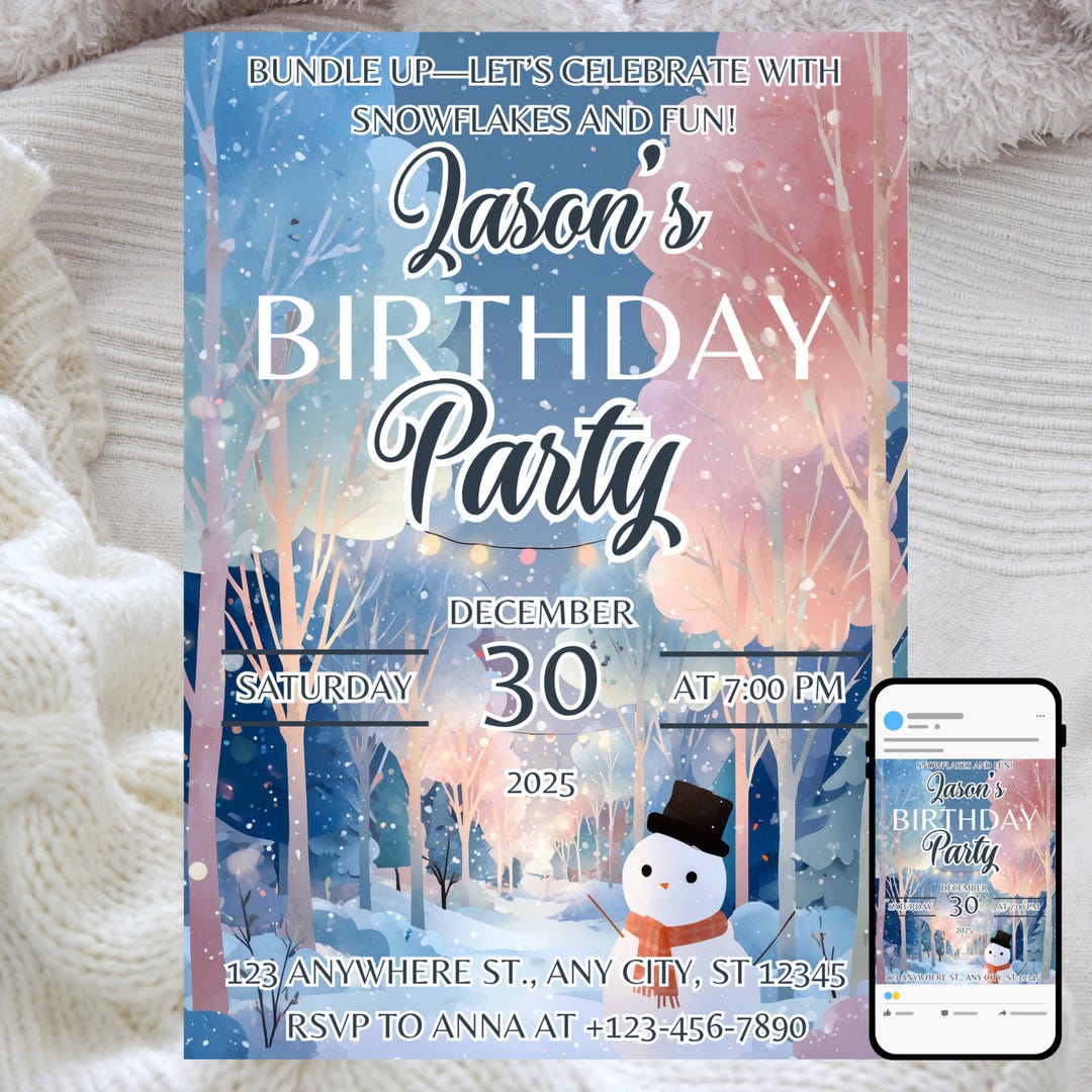 Winter Wonderland Birthday Invitation, Snowflake Party (editable