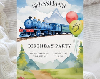 Watercolor Train Birthday Invitation: Vintage Chugga Theme (Canva Template)