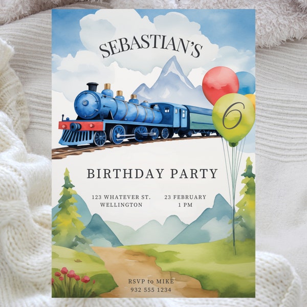 Vintage Watercolor Train Birthday Invitation Template, Chugga train invite, Cute Birthday Invite, Customizable Printable, Canva Template