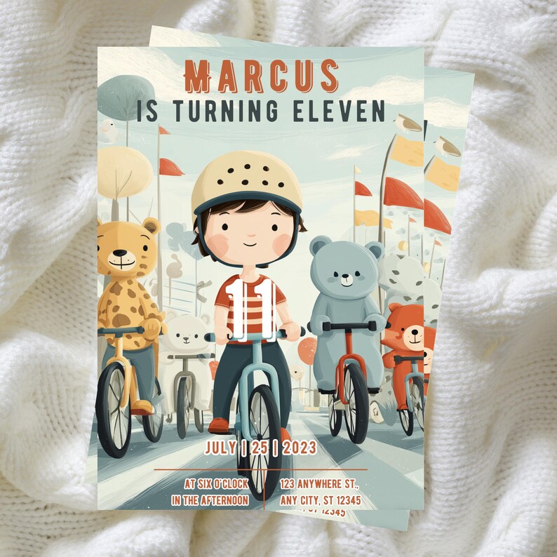 May include: A whimsical birthday invitation featuring a cartoon illustration of a boy on a bicycle, surrounded by animal friends on bikes. The text reads "MARCUS IS TURNING ELEVEN" with the date "JULY 25 2023" and event details.