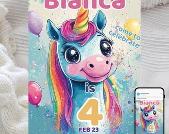 Unicorn Birthday Invitation: Magical Girl Party, Balloons (Editable Template)