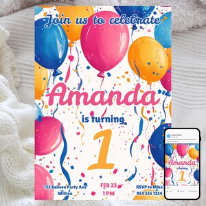 Convite de aniversário com balões e confetes, festa infantil, modelo digital editável, celebração colorida e divertida, design de festa festiva