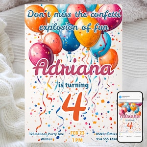 Convite de aniversário com balões e confetes, festa infantil, modelo digital editável, celebração colorida, design divertido e festivo