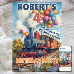 Könnte beinhalten: Eine farbenfrohe Geburtstagseinladung mit einem Cartoon-Zug mit einer blauen Lokomotive und roten und gelben Waggons. Der Zug zieht eine Schnur mit bunten Luftballons. Der Text auf der Einladung lautet "Robert's 4th Birthday Party" und enthält Details zur Party, wie Datum, Uhrzeit und Ort.