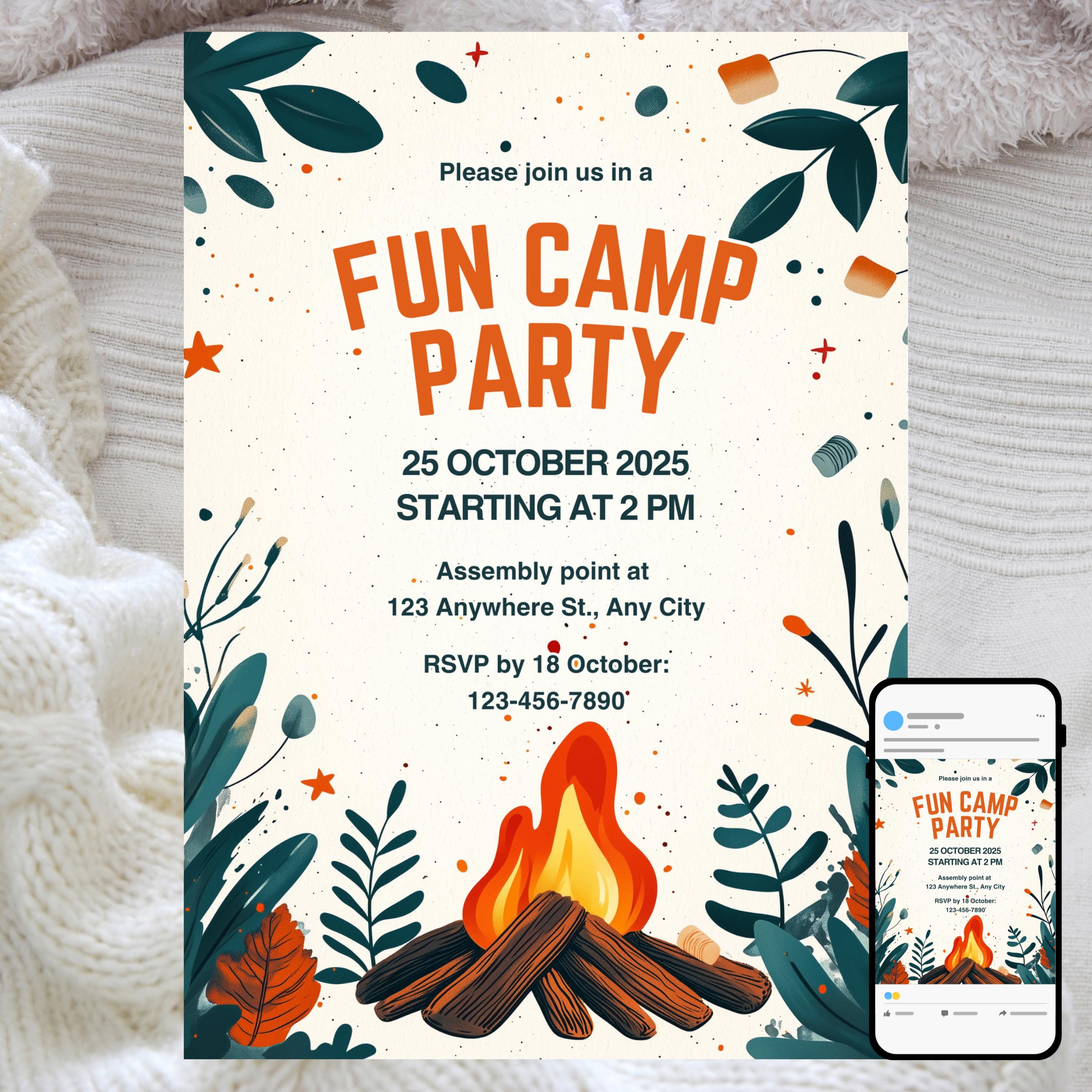Autumn Campfire Party Invitation: S'mores & Forest (editable Template ...