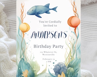 May include: A blue and white birthday party invitation with an underwater theme. The invitation features a blue fish, seaweed, and seashells. The text on the invitation reads "You're Cordially Invited to Anderson's Birthday Party", "123 Whatever St, Westonville", "February 23, 1 PM", and "RSVP to Mike 932 555 1234".
