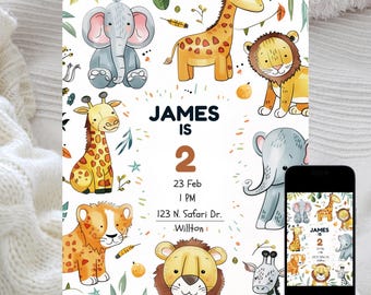 Wild Safari Birthday Invitation: Jungle Animals, First Birthday (Digital Download)