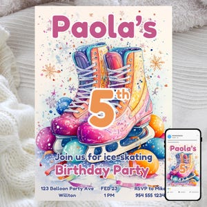 Verjaardagsuitnodiging schaatsen, kleurrijke kinderfeest, bewerkbare digitale sjabloon, leuk winterthema, uitnodiging instant download