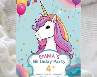 Editable Unicorn Birthday Party Invitation, Unicorn Birthday Invite, Unicorn Party Invitation, Editable Invitation, Canva Template