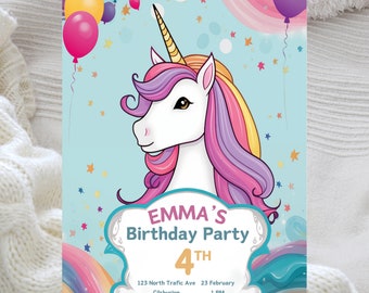Invitación editable de unicornio para fiesta de cumpleaños: Plantilla de Canva (Descarga digital)