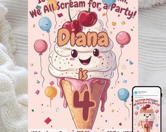 Ice Cream Birthday Party Invitation: Balloons & Sweet Theme (Editable Template)