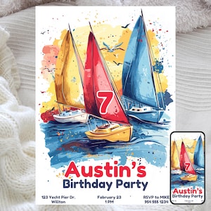 Yacht Birthday Invitation, Kids Nautical Party Theme, Sailboat Adventure, Ocean Celebration, Digital Download, Editable Invite