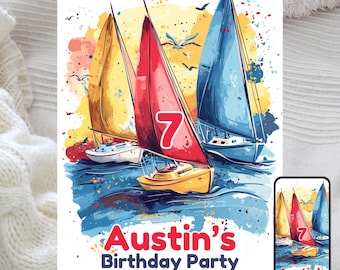 Yacht Birthday Invitation: Nautical Kids Party, Sailboat Theme (Digital Download)