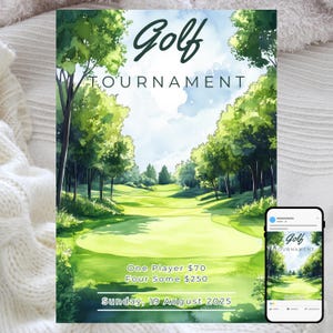 May include: A watercolour illustration of a golf course with trees and a green fairway. The text "Golf Tournament" is at the top of the image. The text "One Player £70 Four Some £250 Sunday, 19 August 2025" is at the bottom of the image.