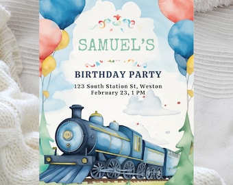 Watercolor Train Birthday Invite Template: Chugga Chugga, DIY Printable (Canva Download)