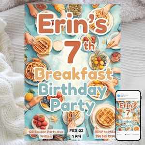 Convite de aniversário para festa de waffle, comemoração de café da manhã infantil, modelo digital editável, tema matinal divertido e saboroso, design doce