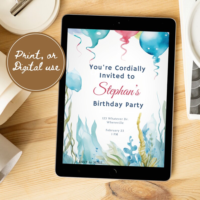 Ocean Theme Birthday Invite, Under The Sea Birthday Invitation,  Watercolor Ocean Animals, Watercolor Sea Décor,  Instant Download
