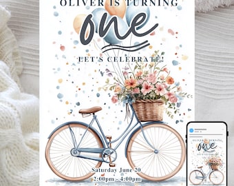 Watercolor Bicycle 1st Birthday Invitation: Pastel Summer Party (Editable Template)